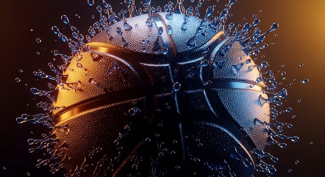 Basketball with Water Splashes in Dramatic Blue and Gold Light - Powered by Adobe