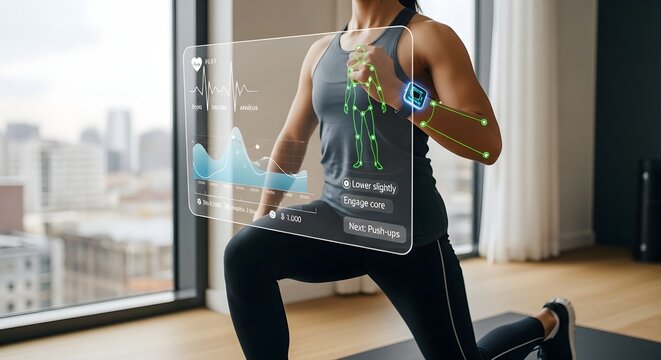 Woman performing a lunge exercise while wearing a smart fitness tracker displaying data.