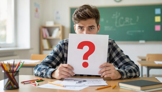 Student holding red question mark card in classroom - Powered by Adobe