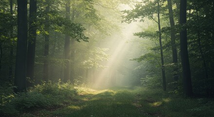 Obraz premium Sunbeams pierce through the misty forest canopy, illuminating a dewy path. Ai generate, Ai generative