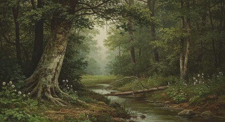 Obraz premium Sunbeams pierce through the misty forest canopy, illuminating a dewy path. Ai generate, Ai generative