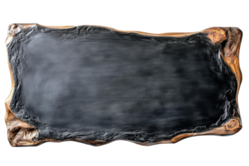 Rough textured dark rectangular object isolated on transparent background. Horizontal black chalkboard with a wooden frame isolated on white background.