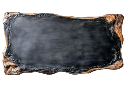 Rough textured dark rectangular object isolated on transparent background. Horizontal black chalkboard with a wooden frame isolated on white background.