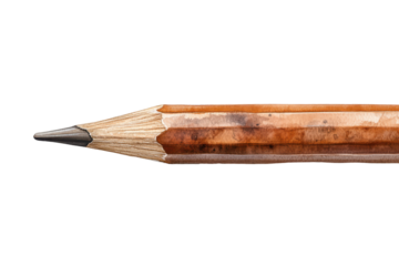 Close up watercolor painting of a sharpened pencil isolated on transparent background. Horizontal watercolor wooden pencil with sharpened tip rich brown color isolated on white background.