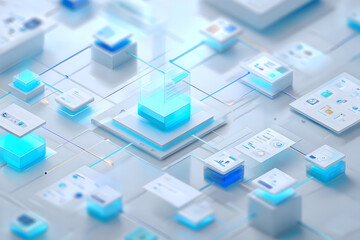 A futuristic network of data blocks connected by lines with a blue glow and white background surface