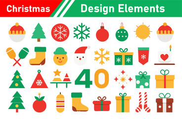 Christmas Design Elements Collection with Flat Style Icons for Holiday Season