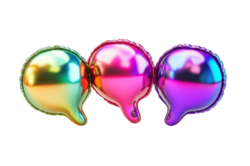 Three shiny iridescent speech bubble balloons isolated on transparent background. Inflatable metallic speech bubbles with vibrant gradient colors displayed on a white background, 3D Rendering.