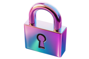 Iridescent rainbow padlock isolated on transparent background. Iridescent lock icon in gradient colors perfect for security and privacy symbols isolated on white background, 3d rendering.