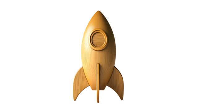 Wooden retro toy rocket isolated on transparent background