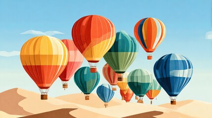 Fototapeta premium Flat illustration of colorful hot air balloons over desert dunes, clear sky, bright pastel colors, minimal shadows, ample blank space, Albuquerque International Balloon Fiesta