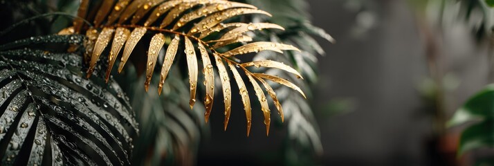 Gold-leafed palm frond, dew-kissed, against dark foliage