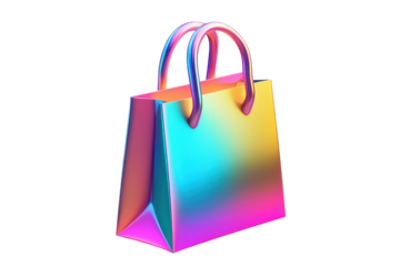 Iridescent rainbow gift bag with rope handles isolated on transparent background. Shopping bag icon in gradient colors isolated on white background, 3d rendering.