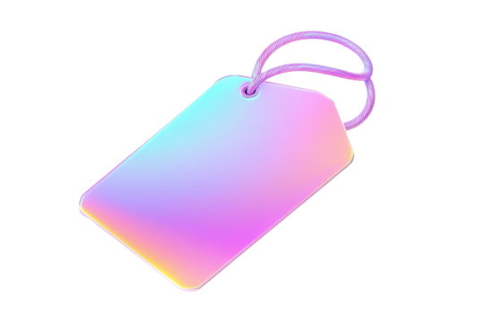 Iridescent geometric tag with metal ring isolated on transparent background. Pastel price tag icon with a glossy finish and vibrant colors isolated on white background.