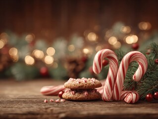 Festive holiday cookies and candy canes cozy rustic setting food photography warm atmosphere close-up christmas cheer