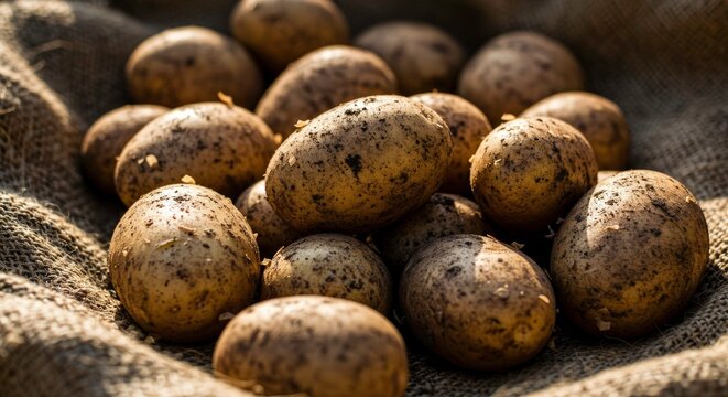 Freshly harvested potatoes resting on burlap fabric