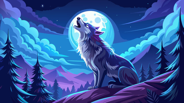 Wolf, moon, clair de lune, hurlement, nuit, symbole, peur, sauvage, dangereux&mdash;poetic essence captured in nocturnal rhythm, primal howl echoing eternity, wild mystery merging with moonlit silence.