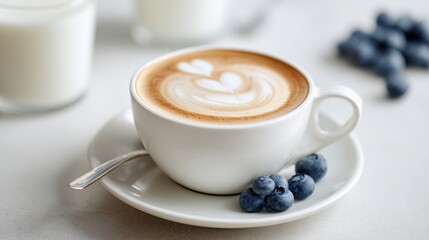Fototapeta premium Top down view of a white ceramic cup with cappuccino featuring latte art, placed on a saucer with fresh blueberries and a silver spoon, creating an elegant coffee break scene with a soft.