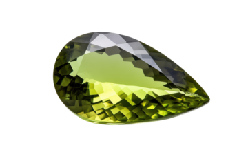 Pear shaped peridot gemstone isolated on transparent background. Stunning gemstone features a rich green hue isolated on white background.