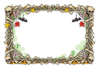 Halloween Bone Frame PNG on Transparent Background. Skulls, Candy Corn, and Ghost Accents &ndash; Spooky Border Design, Cartoon Style, Festive Decor, Dark Fantasy Art, Transparent Overlay