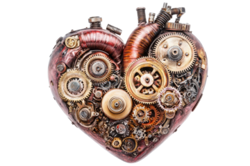 Steampunk heart sculpture with gears isolated on transparent background. Inspired heart made of gears cogs and mechanical parts showcasing a fusion of technology isolated on white background.