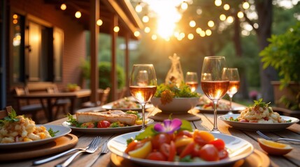 Fototapeta premium Elegant outdoor dinner party with gourmet food and wine at golden hour