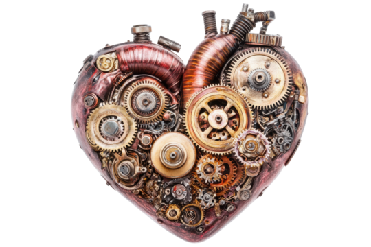 Steampunk heart sculpture with gears isolated on transparent background. Inspired heart made of gears cogs and mechanical parts showcasing a fusion of technology isolated on white background. - Powered by Adobe