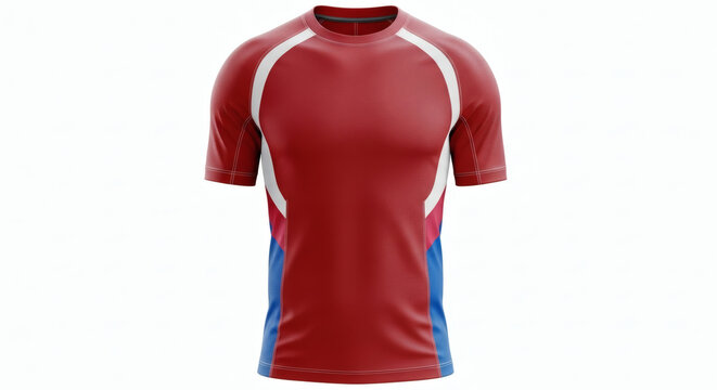 A maroon and white short-sleeved athletic t-shirt with blue accents, showcasing a modern sportswear design. - Powered by Adobe