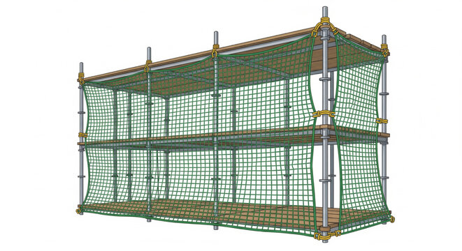 A rendering of a safety net structure, designed with multiple levels, likely for construction purposes.