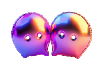 Shiny metallic balloons purple and gold isolated on transparent background. Metallic balloon like chat icons with purple pink and orange color isolated on white background, 3d rendering.