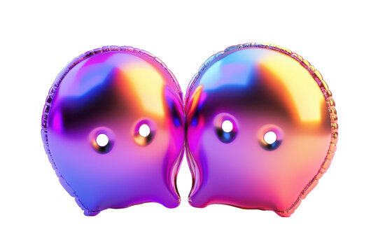 Shiny metallic balloons purple and gold isolated on transparent background. Metallic balloon like chat icons with purple pink and orange color isolated on white background, 3d rendering.