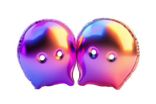 Shiny metallic balloons purple and gold isolated on transparent background. Metallic balloon like chat icons with purple pink and orange color isolated on white background, 3d rendering.