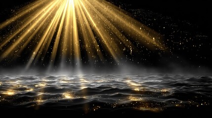 Golden light rays illuminate a dark, wavy surface, creating a sparkling effect