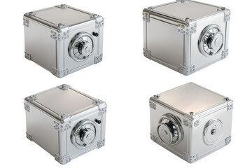 Vintage metal safe with combination lock isolated on transparent background. Metallic safes with rotary wheel locks shown in four different angles displayed on a plain isolated on white background.
