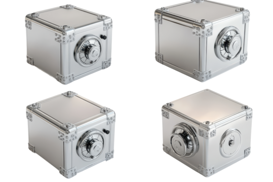 Vintage metal safe with combination lock isolated on transparent background. Metallic safes with rotary wheel locks shown in four different angles displayed on a plain isolated on white background. - Powered by Adobe