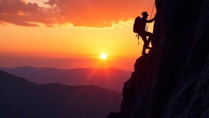 silhouette climber man wearing helmet overcomes challenging climbing route on beautiful sunset background . alpinist climbs a rock. extreme sport. Extreme hobby. 4K