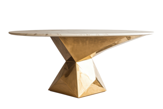 Modern geometric gold pedestal table with marble top isolated on transparent background. Modern geometric dining table with a single triangular base isolated on white background.