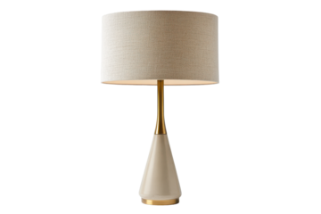 Elegant gold floor lamp with textured shade isolated on transparent background. Modern table lamp with a brass base isolated on white background.