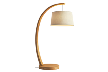 Curved wooden floor lamp with woven lampshade isolated on transparent background. Modern wooden arc floor lamp featuring isolated on white background.