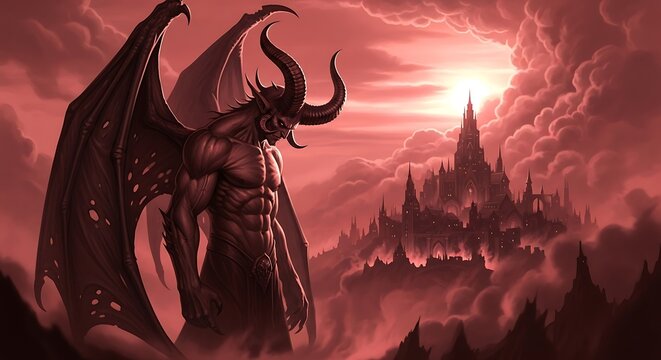Demon Lord Overlooking Gothic City.