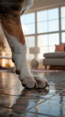Close up of a dog's paw stepping onto a shiny floor in a well-lit living room during the afternoon