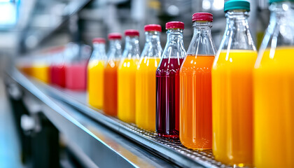 Row of colorful fruit juice bottles on a beverage factory production line. Amber liquid drinks in glass bottles, caps, screw caps
