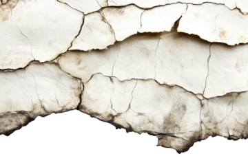 Cracked and peeling plaster texture isolated on transparent background. Old burnt paper with singed edges and visible cracks isolated on white background.