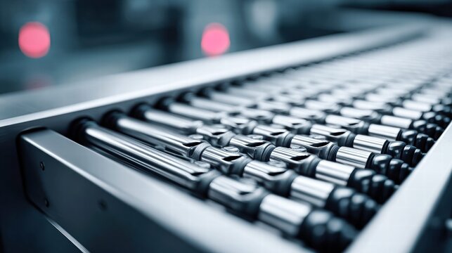 A close-up shot of an industrial conveyor belt with metallic rollers.