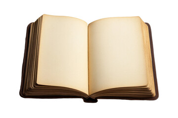 Antique open book with blank pages isolated on transparent background. Open blank notebook with a brown cover featuring empty pages ready for notes sketches isolated on white background.
