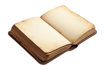 Antique open book with blank pages isolated on transparent background. Open blank notebook with a brown cover featuring empty pages ready for notes sketches isolated on white background.