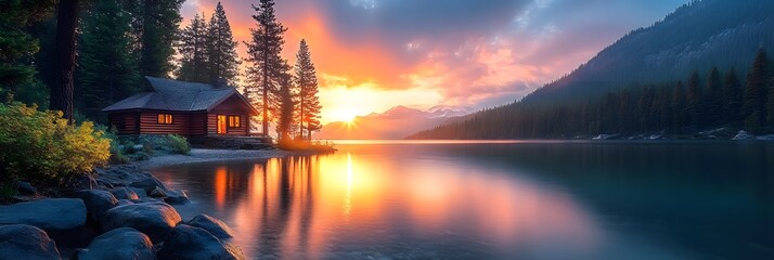 Sunset view over tranquil lake with a cabin and mountains reflected in calm water
