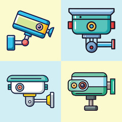 Cartoon Security Camera Icons:  Modern, Flat Design, Bright Color Palette, Surveillance Technology.