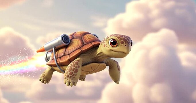 Flying turtle with rocket pack soaring through clouds
