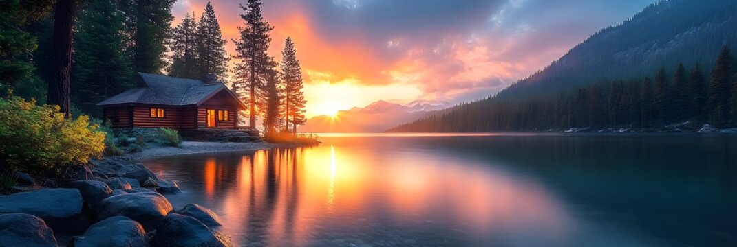 Sunset view over tranquil lake with a cabin and mountains reflected in calm water
