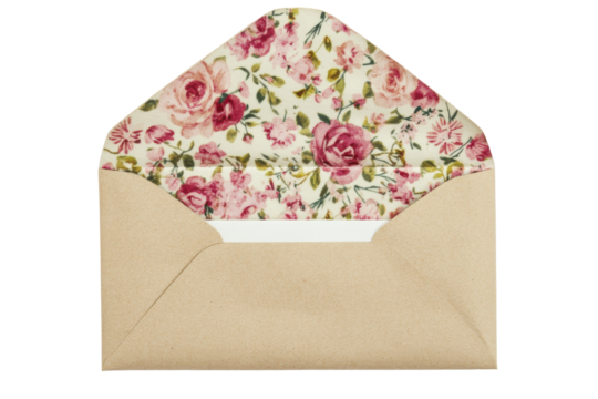 Open kraft paper envelope with floral patterned liner isolated on transparent background. Open envelope with lined paper insert isolated on white background.